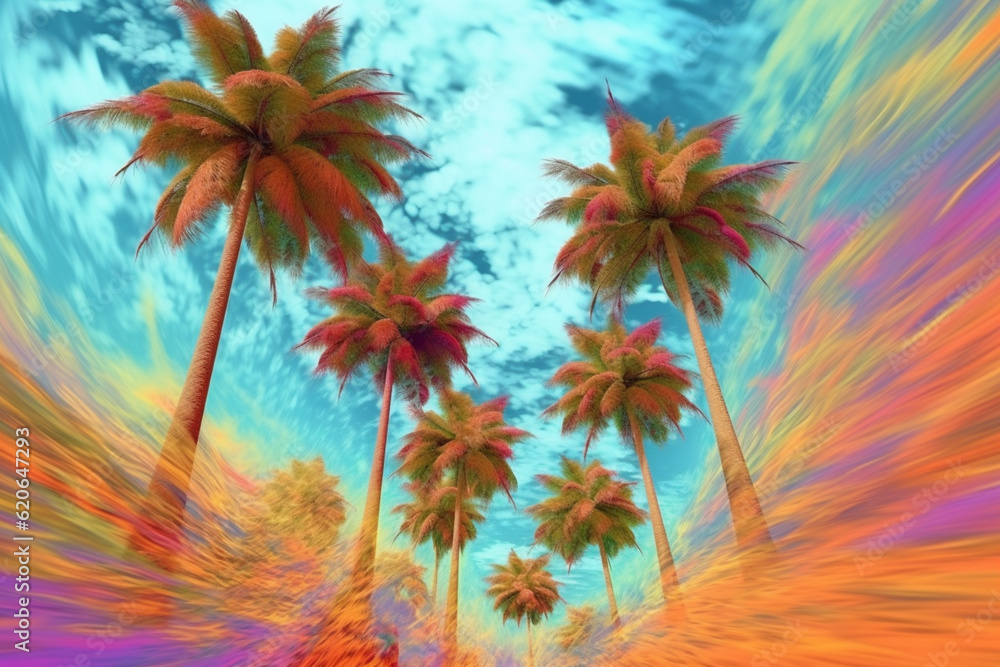 Poster tropical mirage: an abstract depiction of a surreal landscape with palm trees stretching towards the