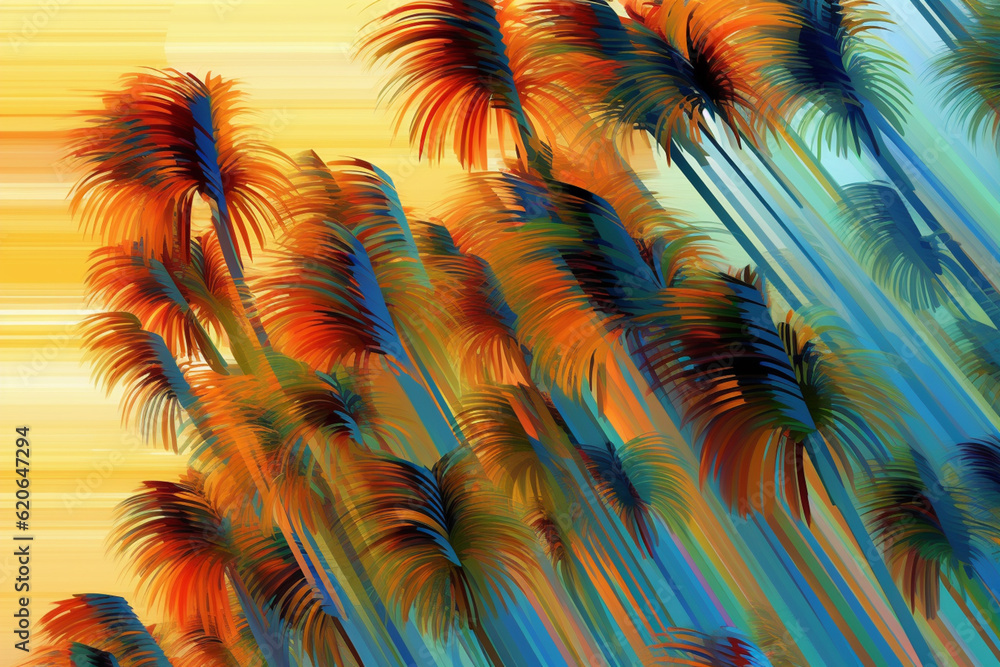 Fototapete Abstract Tropicana: An abstract interpretation of palm trees in a surreal landscape, where the lines and forms are distorted and fragmented. Generative AI technology.