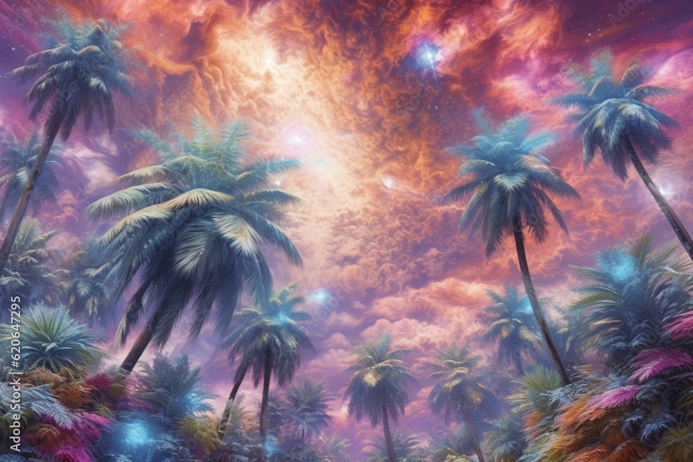 Poster cosmic palms: an otherworldly depiction of palm trees amidst a celestial backdrop in an abstract sur