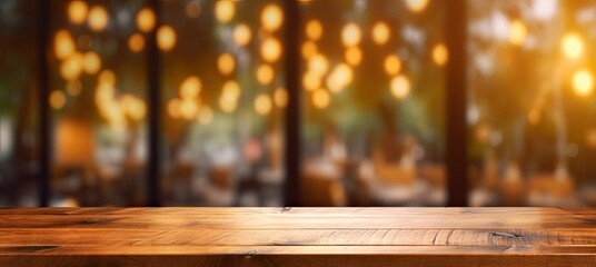 Product Showcase. Blurred Background with an Empty Wooden Counter and Copy Space