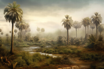 Obraz na płótnie Canvas Mysterious Palm Enclave: An enigmatic scene of palm trees in a surreal landscape shrouded in mist and fog. Generative AI technology.