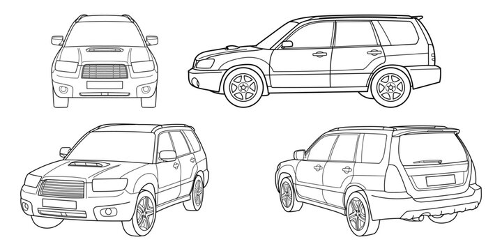 Set of classic suv car. Crossover car different view shot: side, front, rear and 3d. Outline doodle vector illustration. Design for print, coloring book	
