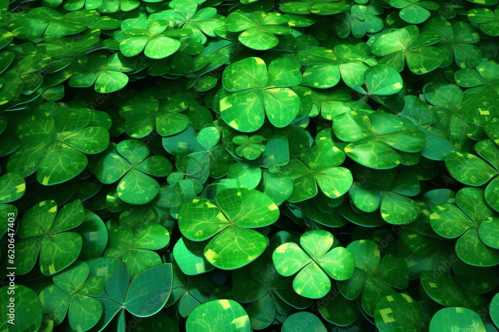 Poster An abstract image featuring vibrant green hues and intricate patterns that form a collection of shamrocks, the iconic symbol of St. Patrick's Day. Generative AI technology.