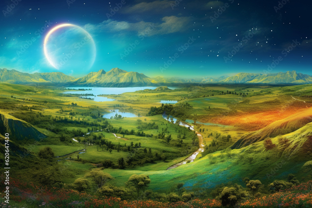 Poster A dreamlike abstract landscape featuring rolling hills, sparkling streams, and a vibrant rainbow arching over the Emerald Isle. Generative AI technology.