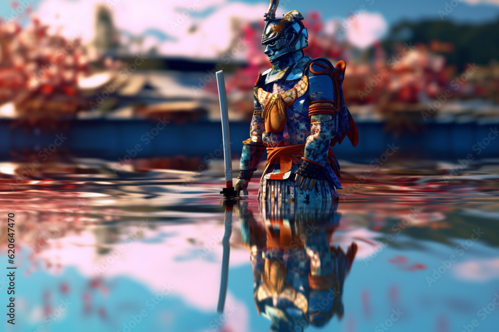 Fototapete samurai reflection: an image featuring an abstract samurai figure reflected in still water, with dis