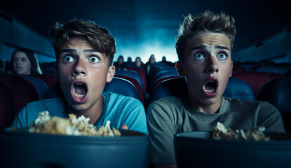 Young scared teenagers couple at the cinema watching an horror movie and screaming in the Cinema, looking scared. eating popcorn. Friday Night