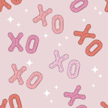  Hugs and kisses xoxo air balloon vector seamless pattern. Romantic Valentines Day decor background.