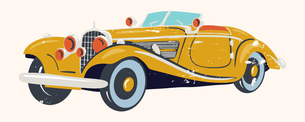Retro car of the 1940s. Vintage car. Vector illustration with retro texture. Flat pattern with scuffs.