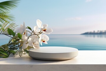 Podium display with tropical plant and stone on water sea beach background. Cosmetics or beauty product promotion mockup 3d rendering.