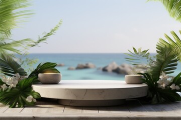 Fototapeta premium Podium display with tropical plant and stone on water sea beach background. Cosmetics or beauty product promotion mockup 3d rendering.
