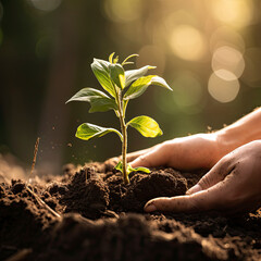 Human hands plants a growing seedling in the rich soil
