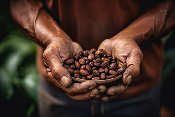 Farmer holding coffee beans in hands