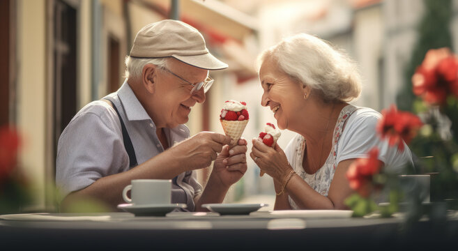 senior couple enjoying ice cream. Generative AI