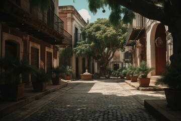 Peaceful street in Santo Domingo's Colonial Zone. Generative AI