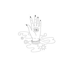 Witch hand fortune teller vector illustration. Groovy boho magic print design. Mystical Halloween vibes clipart.