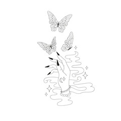 Witch hand with butterflies fortune teller vector illustration. Groovy boho magic print design. Mystical Halloween vibes clipart.