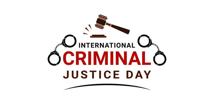 International criminal justice day text animation. Animated Text with judge gavel and handcuffs icon on the white screen alpha channel. Great for opening of the Promotion of law enforcement 