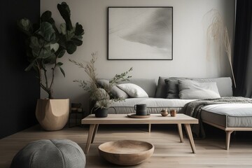 Stylish home with Scandinavian interior & minimalist concept. Features sofa and trendy vase. Ideal for home staging. Generative AI