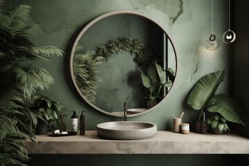 3D cement basin in vanity with round mirror, sage green bathroom, tropical plants, empty space, display. Generative AI