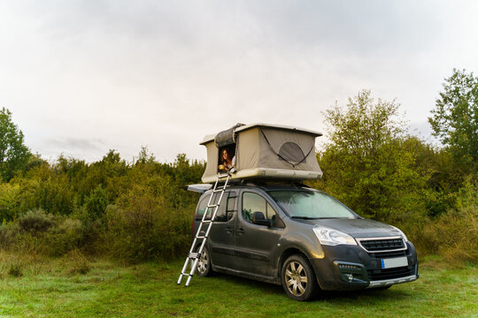 Parked van with tent