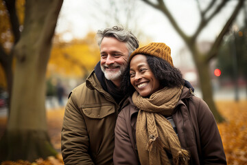 Obraz premium Happy Multiracial middle aged couple hugging on a walk in autumn park