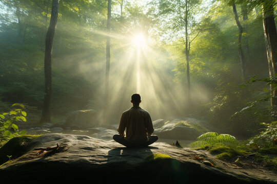 Man meditates in a forest. Back view. Ai generated