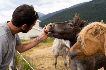 Man petting horse and pony