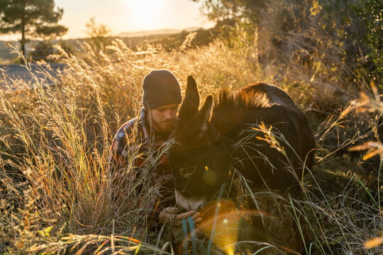 Portrait of man and donkey in field
