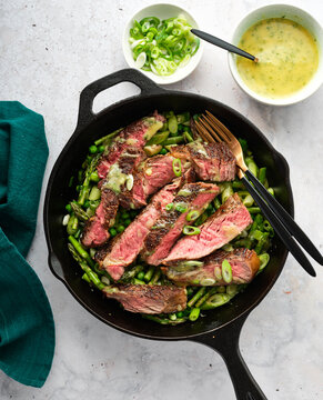 Steak and greens in a skillet