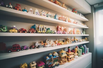 Colorful toys organized on white shelves in nursery. Generative AI