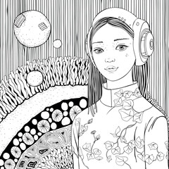 Cute robot girl. Girl astronaut. Asian girl. Zentangle background. Black and white doodle coloring book page for adult and children.	