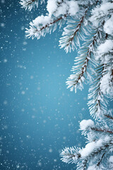 Christmas tree branches covered with snow, pastel blue sky with snowflakes. New Year's concept. Copy space. Generative AI