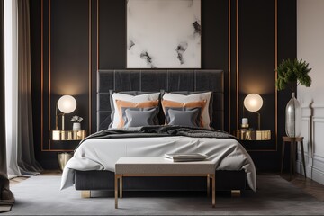 luxurious bedroom with elegant marble flooring and dramatic black wall. Generative AI
