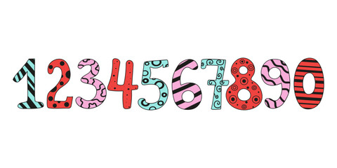 Figures , doodle style drawings. Row of cartoon numbers collection. Birthday card design. Vector icons, illustration on white isolated background.