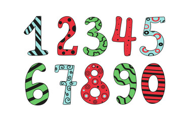Figures , doodle style drawings. Row of cartoon numbers collection. Birthday card design. Vector icons, illustration on white isolated background.