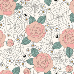 Spider cobwebs and florals vector seamless pattern. Witchy Halloween background. Groovy boho magic surface design.