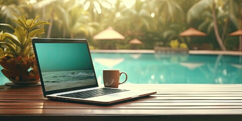 Work by the poolside. With laptop on wooden table. Technology and business. Background for work where notebook opens up view to relax holiday. Lifestyle, travel and digital by cup of coffee
