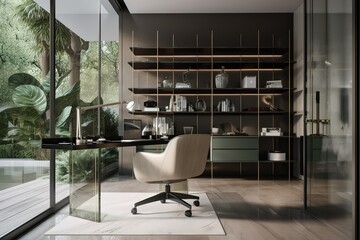 a sleek and minimalist home office with a sleek leather chair, a glass desk and modern decor. Generated AI