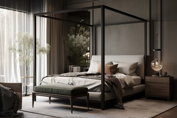 Elegant bedroom with a luxurious white canopy bed, with wood details. Generative AI