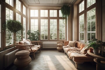 Fototapeta na wymiar A cozy and inviting sunroom with comfortable seating and plenty of natural light, perfect for lazy afternoons. Generative AI