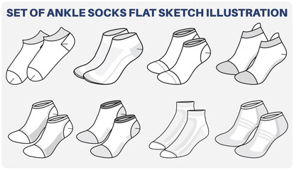 Set of Ankle length Socks flat sketch fashion illustration drawing template mock up, Liner ped anklet socks cad drawing for men's and women's - obrazy, fototapety, plakaty