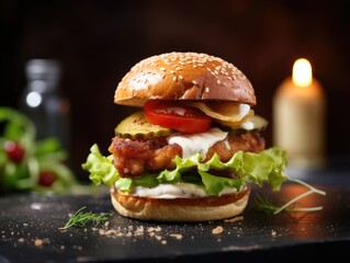 Chickenburger on dark background (generative AI)