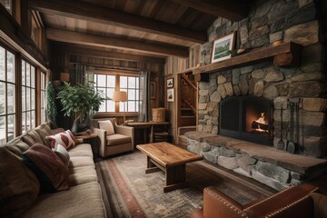 cozy, cabin-style living room with a stone fireplace. Generative AI