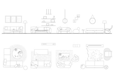 Architectural Drawings, people plan vector interior, living room illustration, top view, human sit on sofa, Minimal style hand drawn. Sections, Elevations, Floor Plans.