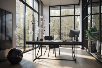 a sleek and minimalist home office with a sleek leather chair, a glass desk and modern decor. generative ai
