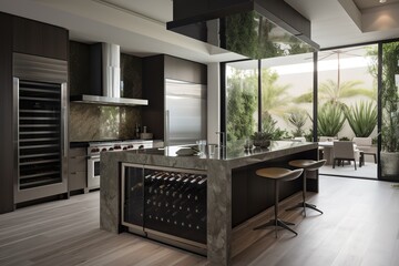 Contemporary Kitchen With Waterfall Countertop And Statement Lighting. Generative AI