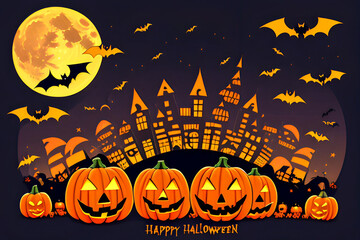 Halloween banner or party invitation background with night clouds and pumpkins. Full moon in the sky, cobwebs and flying bats. Place for text