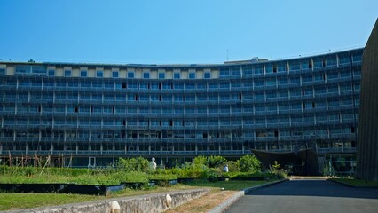View of The UNESCO Headquarters, a symbol of cultural preservation and international cooperation in Paris. United Nations Educational, Scientific and Cultural Organization headquarters with arts.