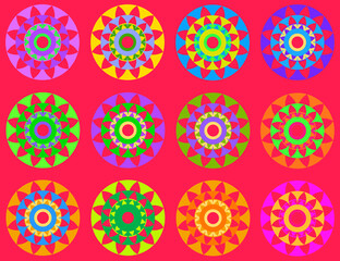Fototapeta na wymiar Mandalas of various colors, striking and with a red background.