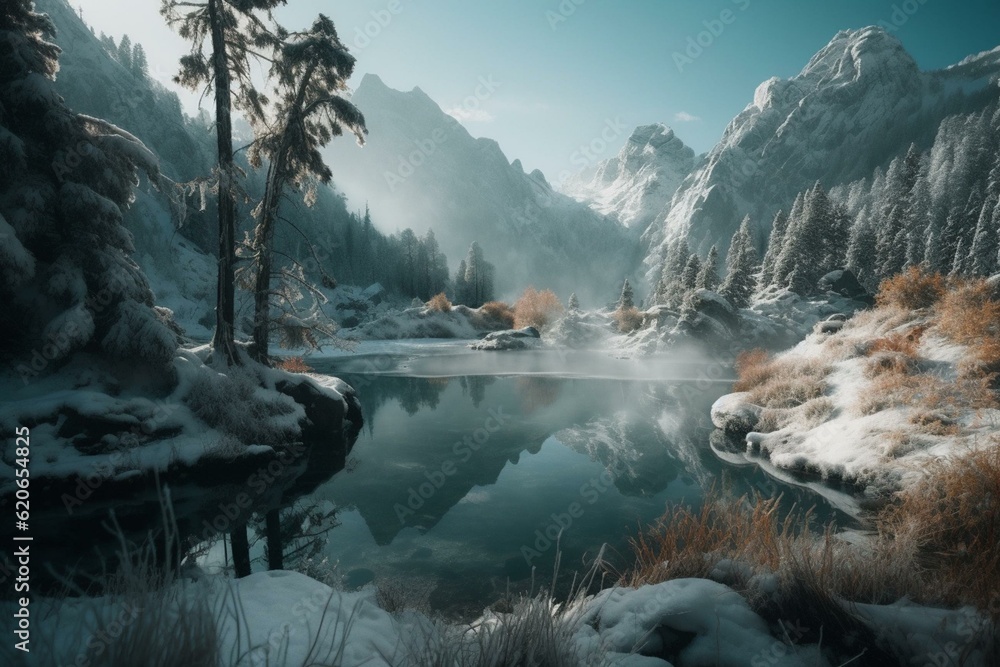 Wall mural Frozen landscape with lake & mountains. Generative AI - Wall murals